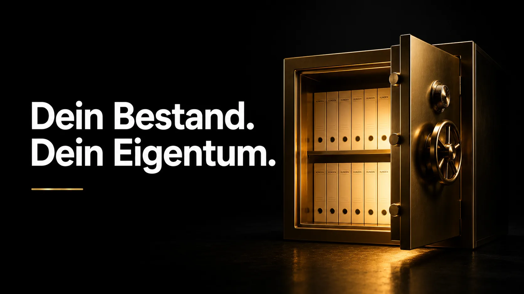 Goldener Tresor mit Kundenordnern – dein Bestand als Vermögenswert, der dir gehört