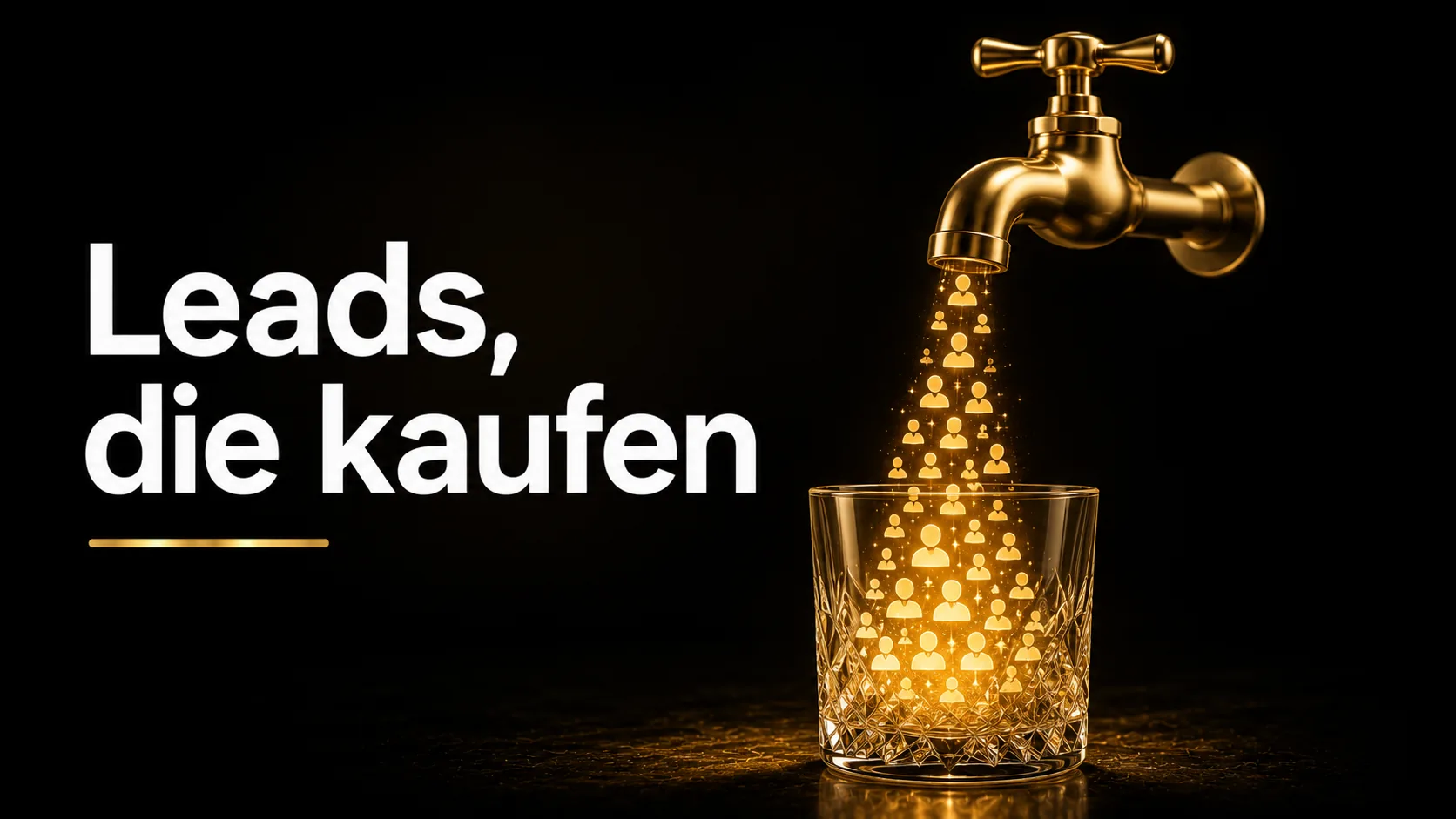Goldener Wasserhahn füllt ein Glas mit leuchtenden Kundenprofilen – planbarer Leadfluss für Makler
