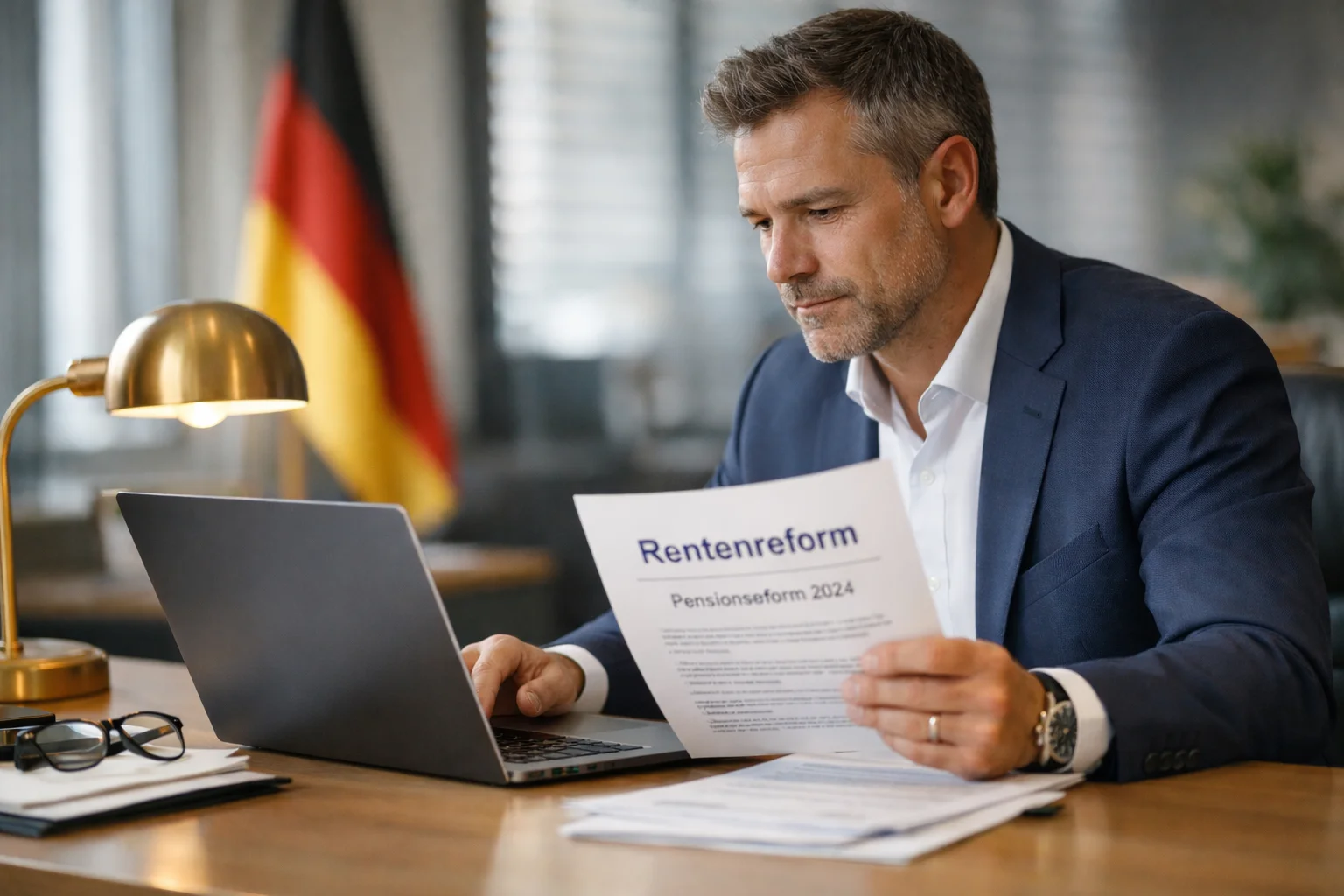 Finanzdienstleister analysiert Unterlagen zur Rentenreform 2026 am Schreibtisch