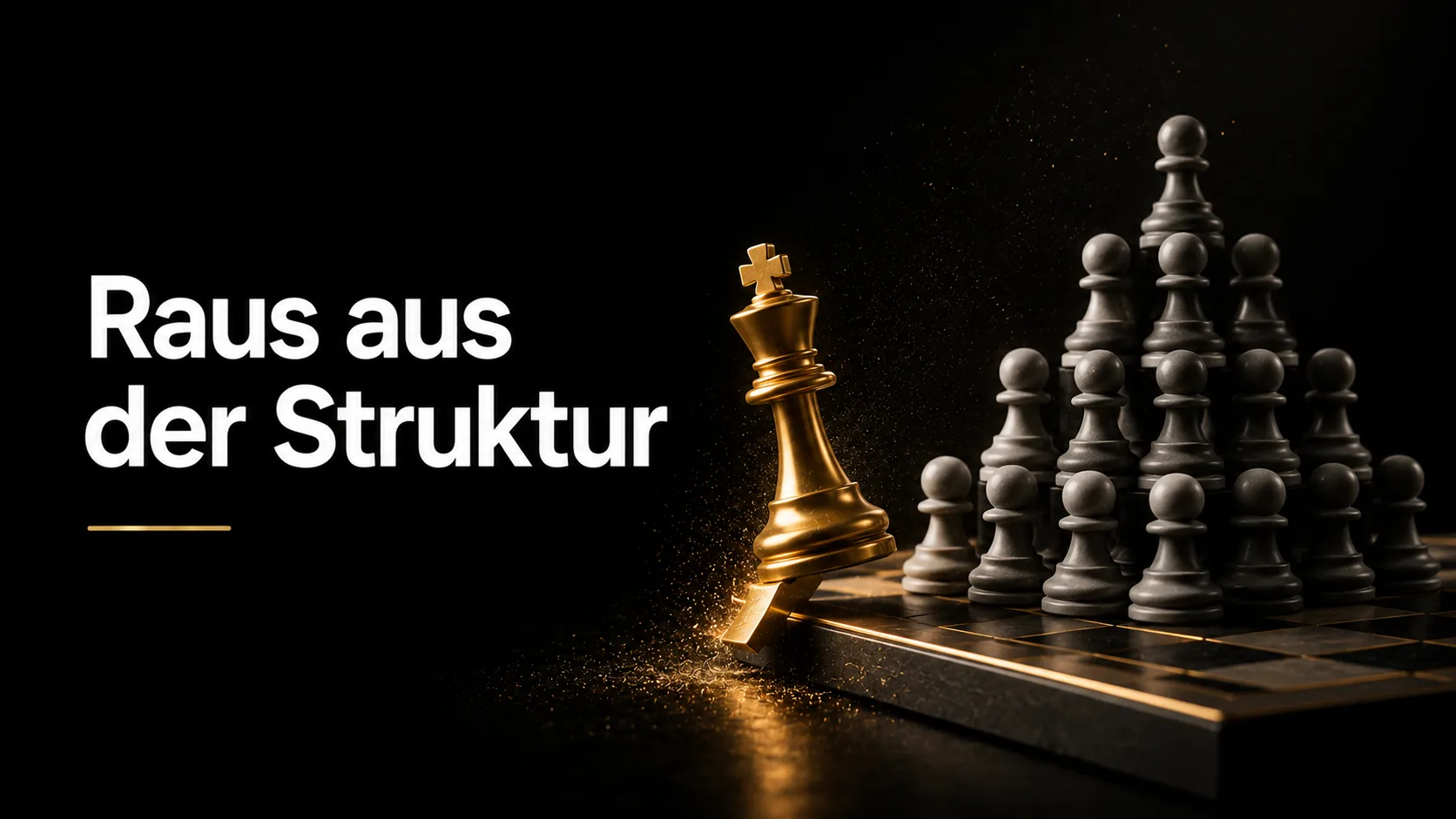 Goldener Schachkönig verlässt das Brett mit grauer Bauernpyramide – Ausstieg aus dem Strukturvertrieb