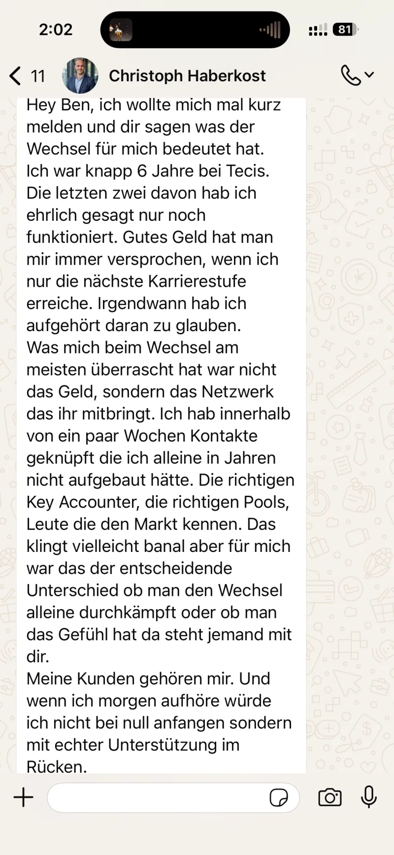 WhatsApp-Nachricht von Christoph Haberkost an Ben Hoffmann